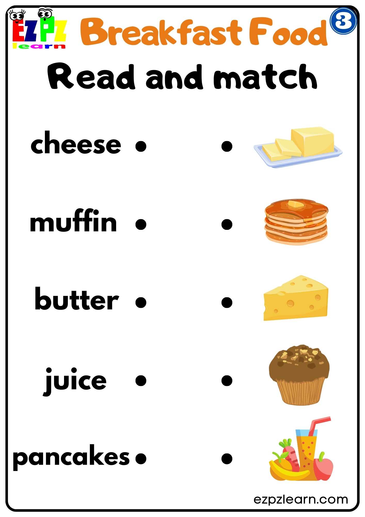 Group 3 Breakfast Food Vocabulary Read and Match Worksheet for ESL and